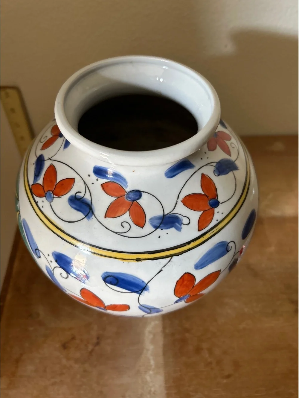 Vintage Hand-Painted Ceramic Vase with Sun Motif